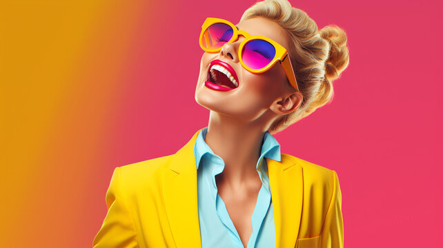 beautiful blonde girl in sunglasses and colorful clothes on a bright yellow background.