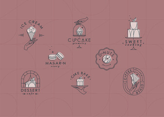 Bakery dessert labels with lettering in art deco style drawing on coral background