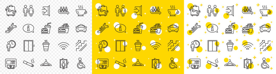 Elevator, Cloakroom and Taxi icons. Public Services, Wifi line icons. Exit, ATM and Escalator. Wifi, Lift or elevator, Restaurant food. Public cloakroom, information, coffee and smoking. Vector