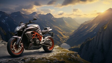 motorcycle on the mountain with dark cloudy sky