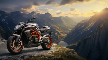 Poster motorcycle on the mountain with dark cloudy sky © contributor  gallery