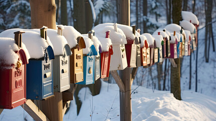 Rows of festively decorated mailboxes with letters addressed to The North Pole and colorful stamps