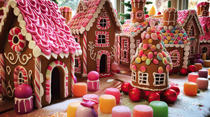 Obraz premium A repeating pattern of gingerbread houses with candy cane chimneys and gumdrop walkways