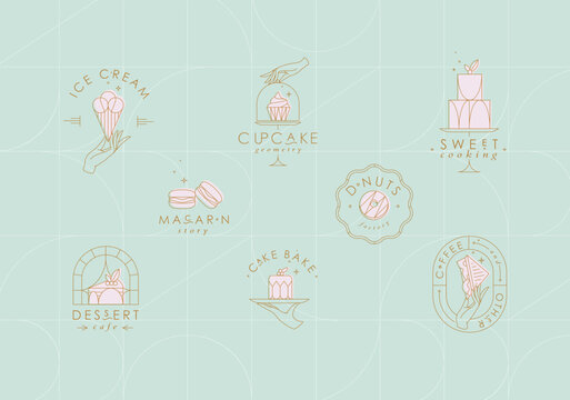 Bakery dessert labels with lettering in art deco style drawing on turquoise background