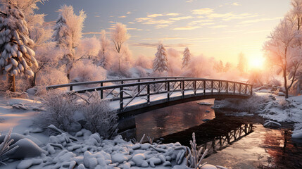 Tranquil Bridge over a Frozen River at Dusk