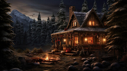 Obraz premium Cozy Cabin in the Woods with Pine Tree Scenery