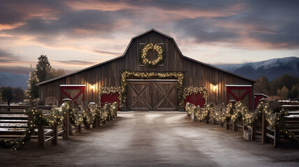 Cozy Barn Scene with Festive Wreaths and Snowy Landscape - obrazy, fototapety, plakaty