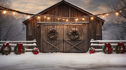 Fototapeta na wymiar Festively Decorated Barn in Winter Landscape