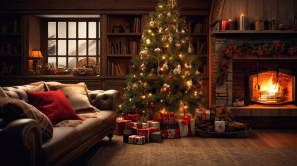 Obraz premium Fireplace and Decorated Tree in Cozy Living Room