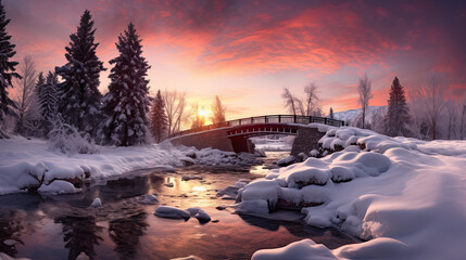 Winter Bridge in a Snowy Landscape