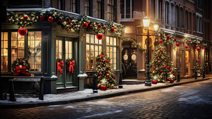 Fototapeta na wymiar Charming Cobblestone Street with Festive Storefronts