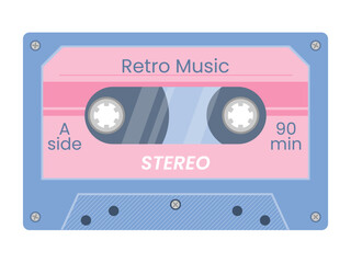 Vintage audio cassette tape. Retro mixtape of tunes and songs 1980s or 1990s. Audio equipment for analog music records. Trendy groovy pop object for poster, banner, card, cover, label, ad, stickers