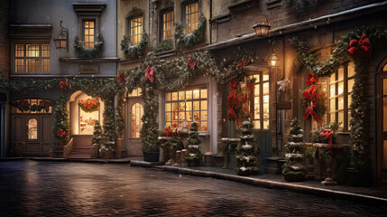 Cobblestone Street Decorated for the Holidays