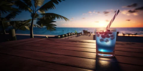  Cocktail on the sunset beach with palm tree and sea background. © Marc Andreu