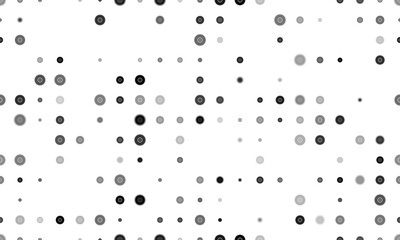 Seamless background pattern of evenly spaced black gramophone record symbols of different sizes and opacity. Illustration on transparent background