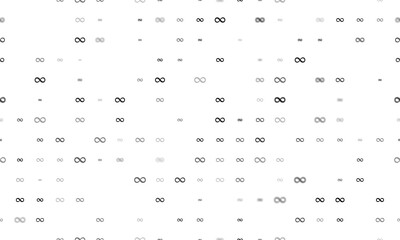 Seamless background pattern of evenly spaced black infinity symbols of different sizes and opacity. Illustration on transparent background