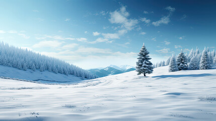 Solitary Fir Tree in Serene Snowy Meadow for Great Holiday-themed Wallpaper