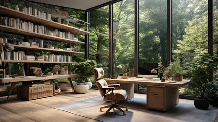 Spacious home office with wooden desk, ergonomic chair, dual monitors, and garden view - obrazy, fototapety, plakaty