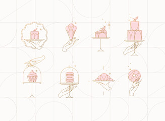 Desserts on cake stand in art deco style labels drawing on beige background
