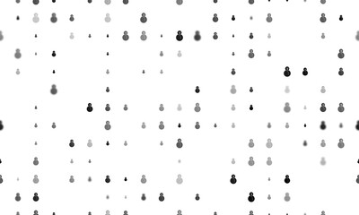 Seamless background pattern of evenly spaced black Christmas snowmans of different sizes and opacity. Illustration on transparent background