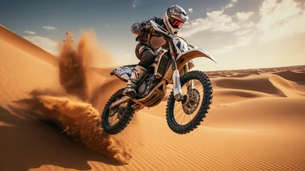Foto op Plexiglas motocross rider jumping in desert © Johnny arts
