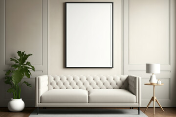 Living room decor with white leather couch, carpet, floor lamp, and coffee table on hardwood flooring. Blank vertical poster on beige wall. illustration. Generative AI