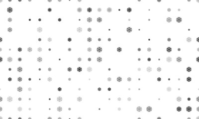 Seamless background pattern of evenly spaced black snowflake symbols of different sizes and opacity. Illustration on transparent background