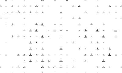 Seamless background pattern of evenly spaced black download symbols of different sizes and opacity. Illustration on transparent background
