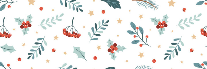 Seamless Christmas pattern with berries, stars and leaf branches