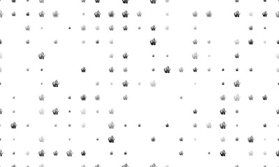 Seamless background pattern of evenly spaced black seaweed symbols of different sizes and opacity. Illustration on transparent background