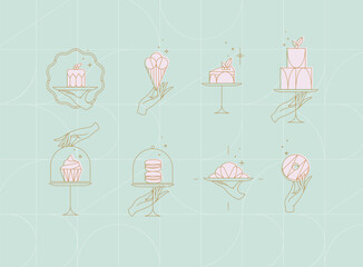 Desserts on cake stand in art deco style labels drawing on turquoise background