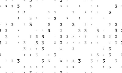 Seamless background pattern of evenly spaced black number three symbols of different sizes and opacity. Illustration on transparent background