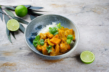 Traditional Indian vegetarian curry stew with sweet potatoes, pumpkin and rice served as close-up in in a Nordic design plate