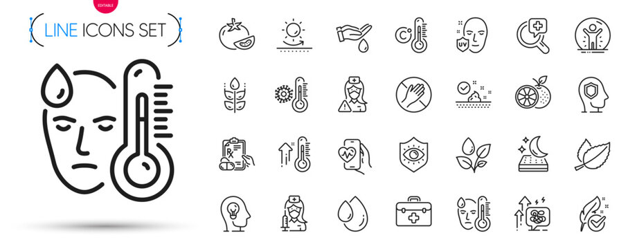 Pack Of Medical Analyzes, Gluten Free And Wash Hands Line Icons. Include Thermometer, Hypoallergenic Tested, Skin Care Pictogram Icons. Mental Health, Eye Protection, First Aid Signs. Vector