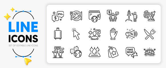 Cursor, Seafood and World communication line icons set for app include Fake news, Wallet, Teamwork outline thin icon. Loyalty tags, Patient, Sale megaphone pictogram icon. Sports arena. Vector