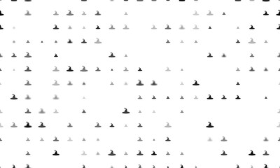 Seamless background pattern of evenly spaced black witch hat symbols of different sizes and opacity. Illustration on transparent background