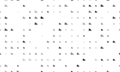 Seamless background pattern of evenly spaced black concrete mixer truck symbols of different sizes and opacity. Illustration on transparent background