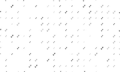 Seamless background pattern of evenly spaced black frog tracks symbols of different sizes and opacity. Illustration on transparent background