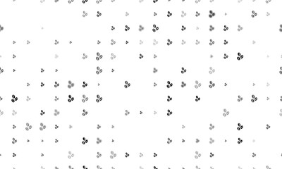 Seamless background pattern of evenly spaced black coffee beans symbols of different sizes and opacity. Illustration on transparent background