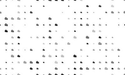 Seamless background pattern of evenly spaced black piece of cake symbols of different sizes and opacity. Illustration on transparent background