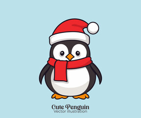 Happy winter holiday greetings from cute penguin with Santa hat, a Christmas cartoon character vector