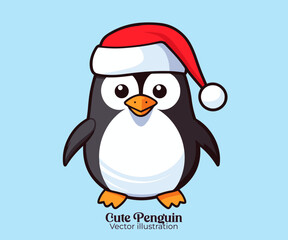 Christmas cartoon character vector of cute penguin with Santa hat wishing you a Happy winter holiday
