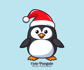 Vector of cute penguin with Santa hat, a Happy winter holiday message from our Christmas cartoon character