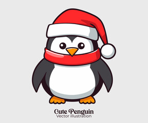 Cute penguin in Santa hat, a vector of Christmas cartoon character for Happy winter holiday