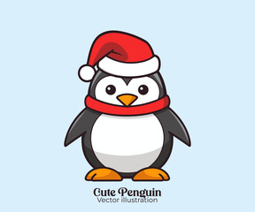 Christmas cartoon character, a cute penguin with Santa hat vector, celebrating Happy winter holiday