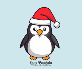 Celebrate Happy winter holiday with our Christmas cartoon character, cute penguin vector in Santa hat