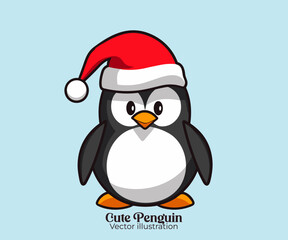 Cute penguin vector with Santa hat, a character for Christmas cartoon, wishing Happy winter holiday