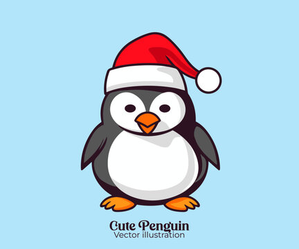 Enjoy Happy winter holiday with Christmas cartoon character, cute penguin vector in Santa hat