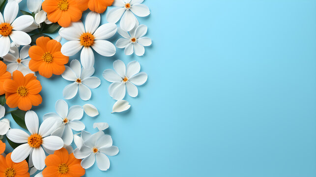 Fototapeta Top view of fresh orange and white flowers, lying on a flat blue background with blank copy space. Creative banner template, natural vitamins, eco healthy herbal supplements