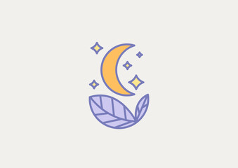 Illustration, logo, sign. Moon and stars, leaves.